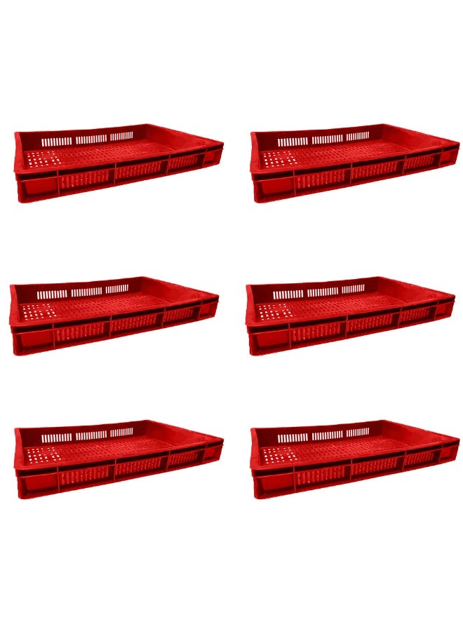 6pcs of Plastic Storage Crate 600x400x80mm Stackable Food Grade Ventilated Catering Crate Heavy Duty - Red